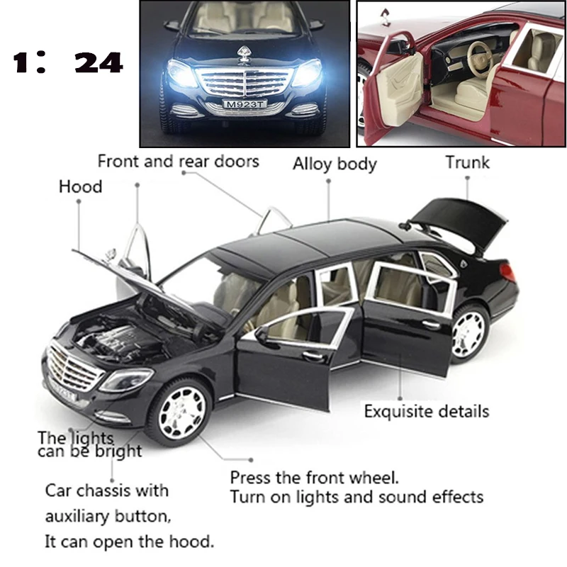 1:24 Maybach S600 إطالة سبائك الزنك سيارة نموذج محاكاة عالية الصوت والضوء التراجع الاطفال لعبة هدية عيد الميلاد
