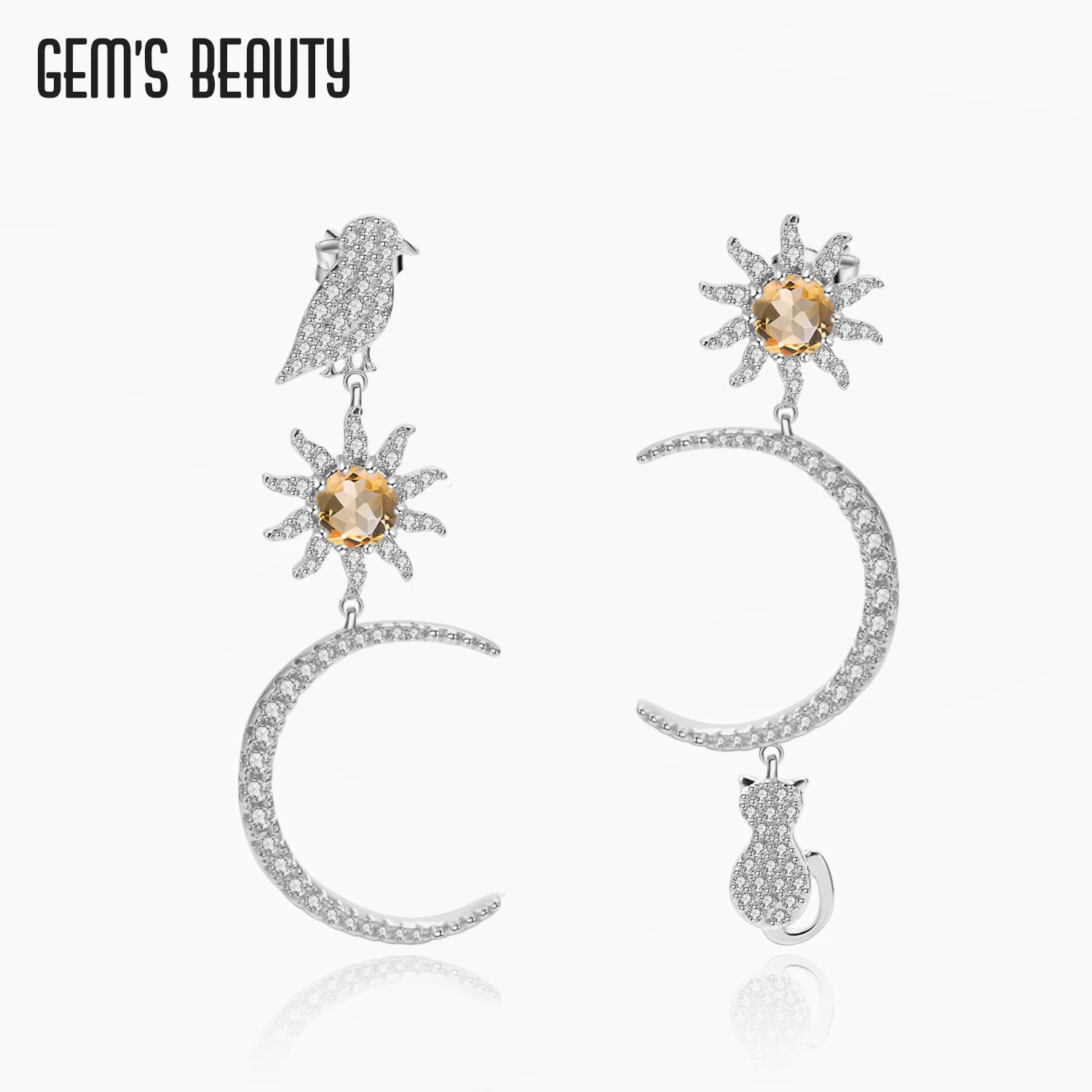 

GEM'S BEAUTY 925 Sterling Silver Studs Earring For Women Bird Cat Moon Sun Halo Round Natural Citrine Handmade Earring