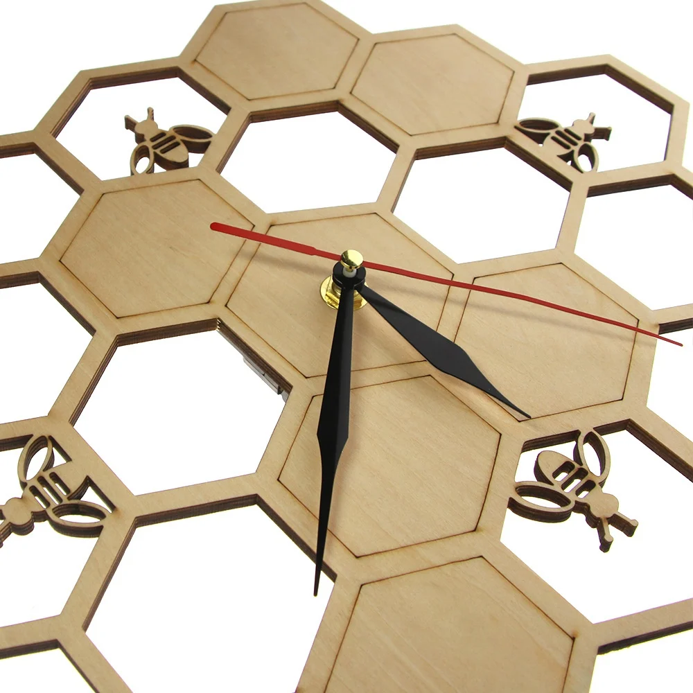 Cut Wood Clock Honey Bee on Honey Comb Hexagon Nature Watch Wall Clock Geometric Kitchen Art Decor HOT