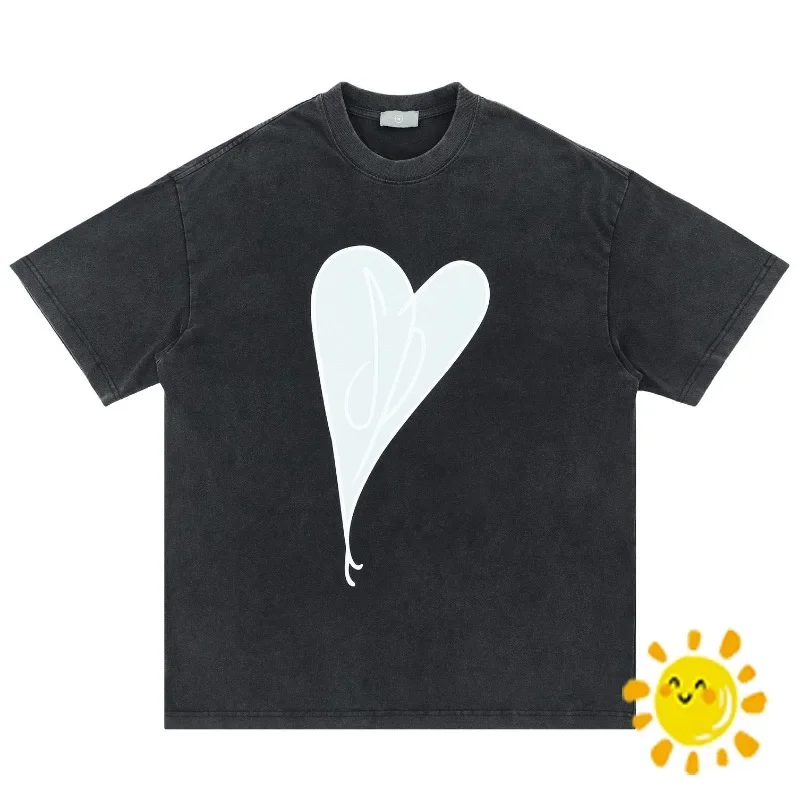 

New New Washed T Shirt Men Women y Heart Shaped Printing Heavy Fabric Tee T-shirt Hip hop