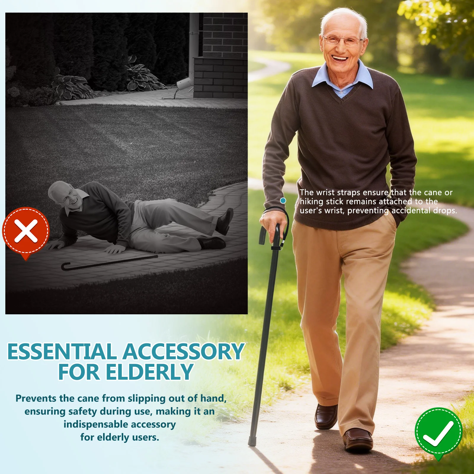 สายรัดไม้เท้ากันลื่น 5 ชิ้น สายคล้องไม้เท้าสำหรับผู้สูงอายุ ปลอดภัย ทนทาน ทำจากไนลอน อุปกรณ์เสริมสำหรับไม้เท้า