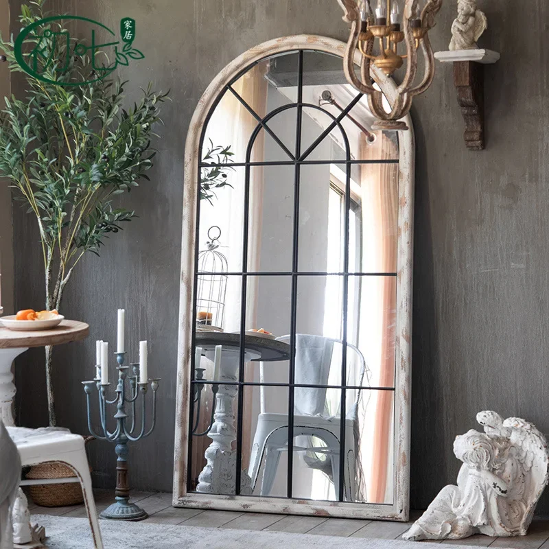Clothing store retro old floor mirror, loft bedroom try full body mirror, solid wood decorative furniture