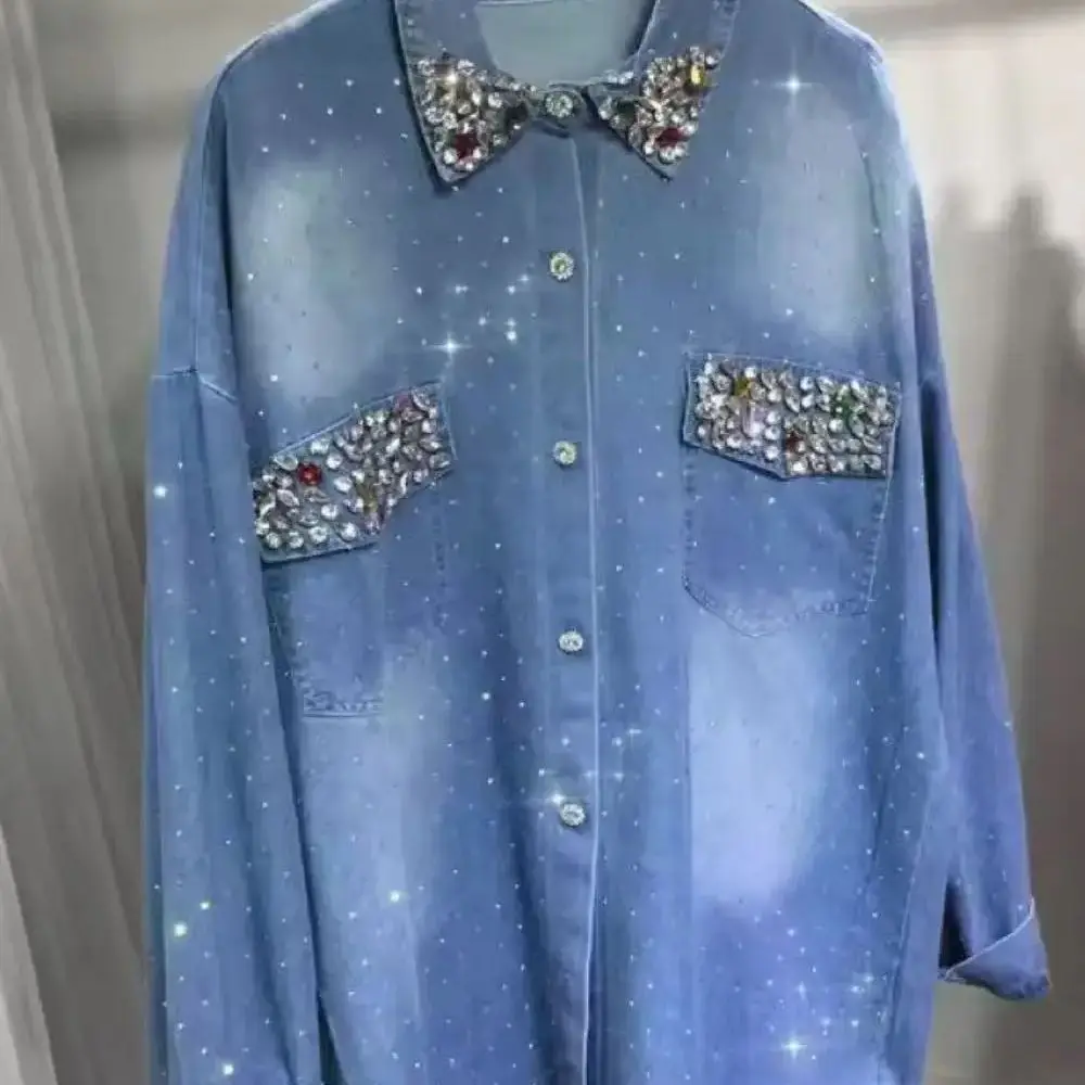 New In Autumn Sparkle Diamonds Stitch Hot Drilling Denim Shirts & Blouses For Women's Fashion Trend Denim Tops Blusas Clothes