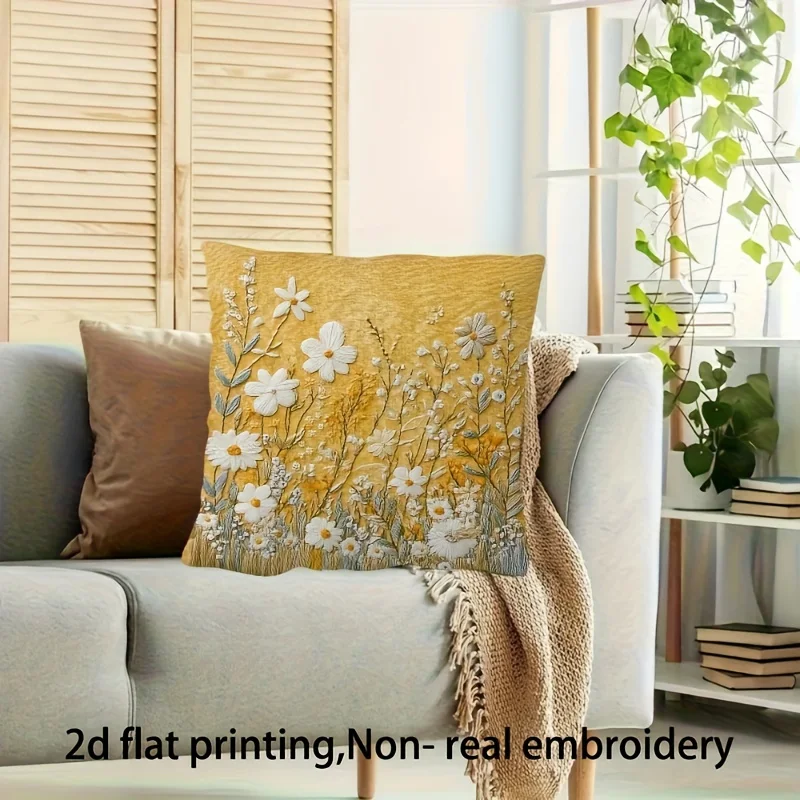 Yellow Wildflower Pillow Cover 2D Embroidered Print Boho Botanical Cushion Case for Sofa Bed Couch Cozy Cottage  Home Decor