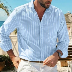 2024 men's shirt stripe long-sleeved shirt Hawaiian shirt loose single-row single-row spring shirt XS-6XL fashion casual