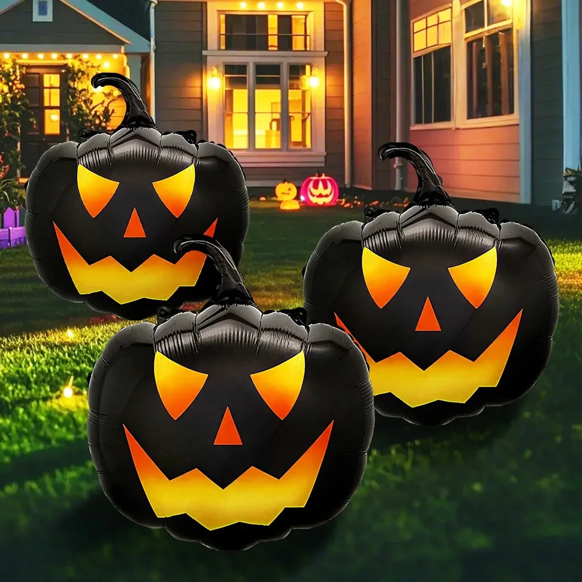 3 Stück schwarze Kürbiskopf-Mylar-Folienballons, gruselige Kürbisgesichts-Ballon-Ornamente für Halloween-Dekorationen für Haus, Rasen und Partys