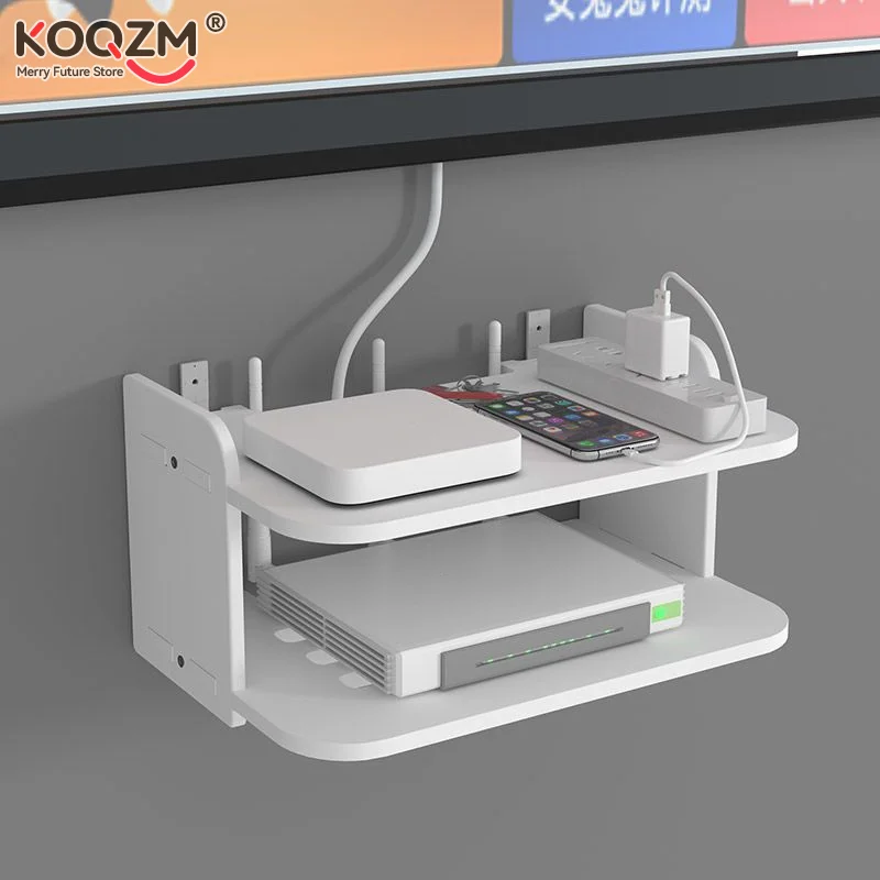 Caja de almacenamiento de montaje en pared de 2 niveles sin perforaciones, estante para enrutador, soporte decodificador, soporte de 2 capas, Mini Pc, reproductor de Dvd, soporte para sala de estar