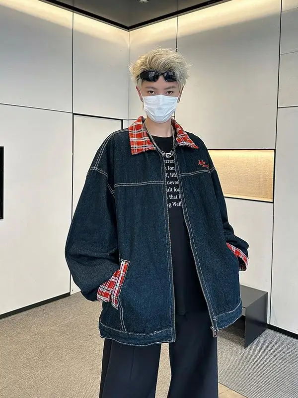 

Винтажные мужские джинсы-куртка в клетку, свободный повседневный верхний слой, весна-осень, классический прямой крой