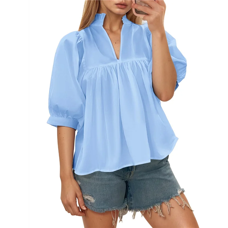 

NEW-Women Puff Sleeve V Neck Blouse Babydoll Peplum Tops Dressy Casual Pleated Loose Fit Shirts