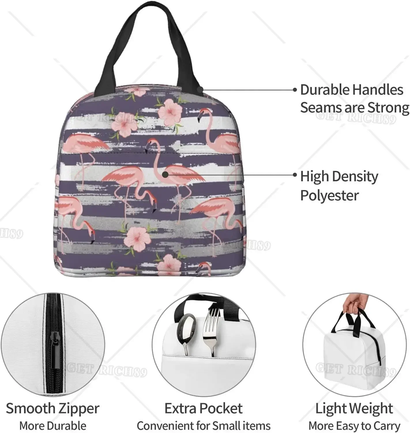 الوردي فلامنغو الأرجواني رمادي المشارب معزول حقيبة الغداء للنساء الفتيات برودة على ظهره قابلة لإعادة الاستخدام المحمولة علب الاغذية حمل #4