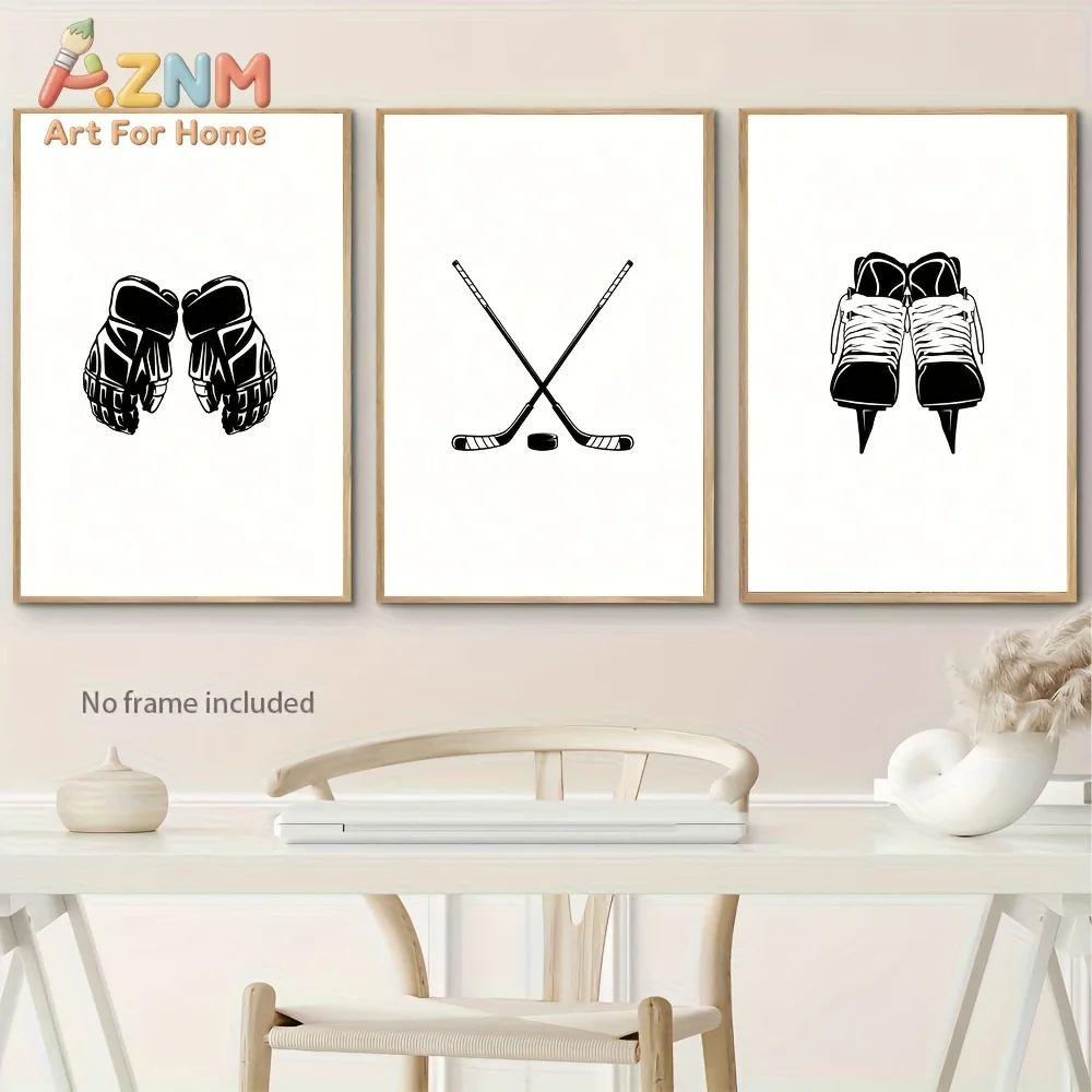 Juego de 3 pósteres minimalistas en blanco y negro para deportes de hielo, patines, guantes de hockey, arte en lienzo sin marco, regalo de decoración para el hogar