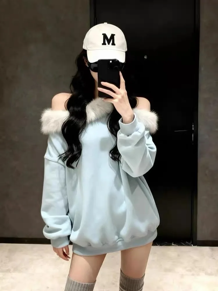 Gray Fur Collar Patchwork Slope Shoulder Hoodie Women's Autumn Winter Thickened Loose Long Sleeve Lazy Girl Fashion Top