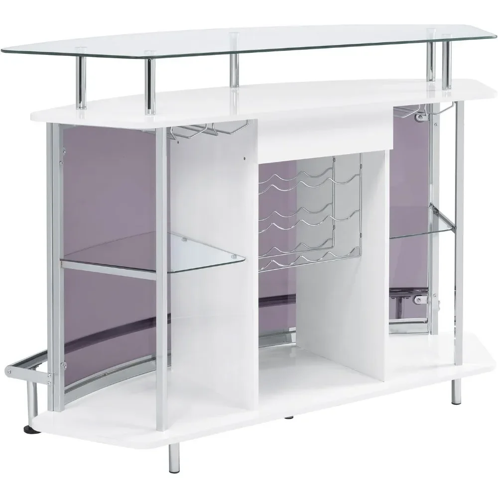 Modern Home Bar Table Wine Storage Cabinet, Tempered Glass Top & Shelves Smoked Acrylic Panels, White High Gloss & Chrome