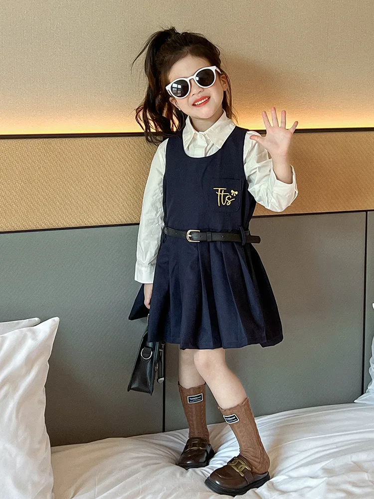 Girls' Preppy Style Suit2024Autumn New Solid Color Shirt Embroidered Letter Vest Skirt+Belt Children's Fashion