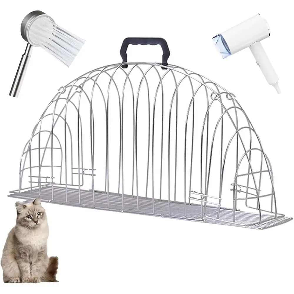 

Pet Grooming Cage for Cats, Puppies, and Dogs - Stainless Steel Bathing and Drying Box with Large Puppy Pads