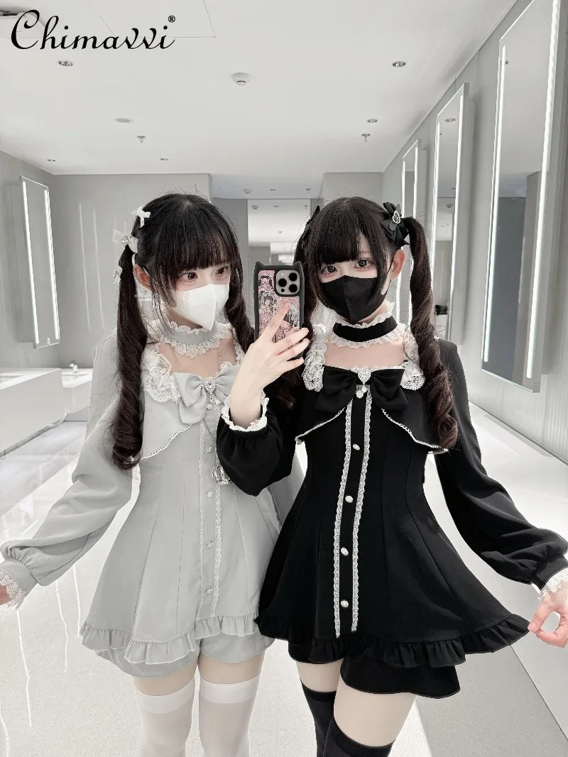 

2025 Autumn Japanese Style Shorts Set Sweet Girl Long Sleeve Slim Dress Top and Shorts Two-Piece Y2k Elegant Lolita Sets
