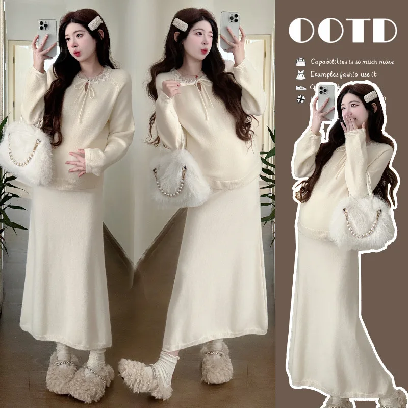 

Maternity Sweater Dress 2025 Autumn Simple Comfortable Loose Lazy Artistic Knitted Skirt Maternity Two Piece Set