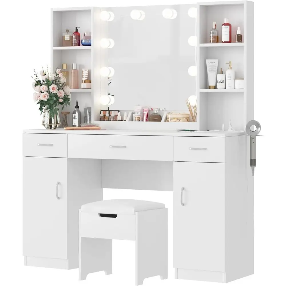 Lighted Mirror Vanity Table with Storage, Adjustable 3-Way Lighting, 45.2in Large Desk & Stool