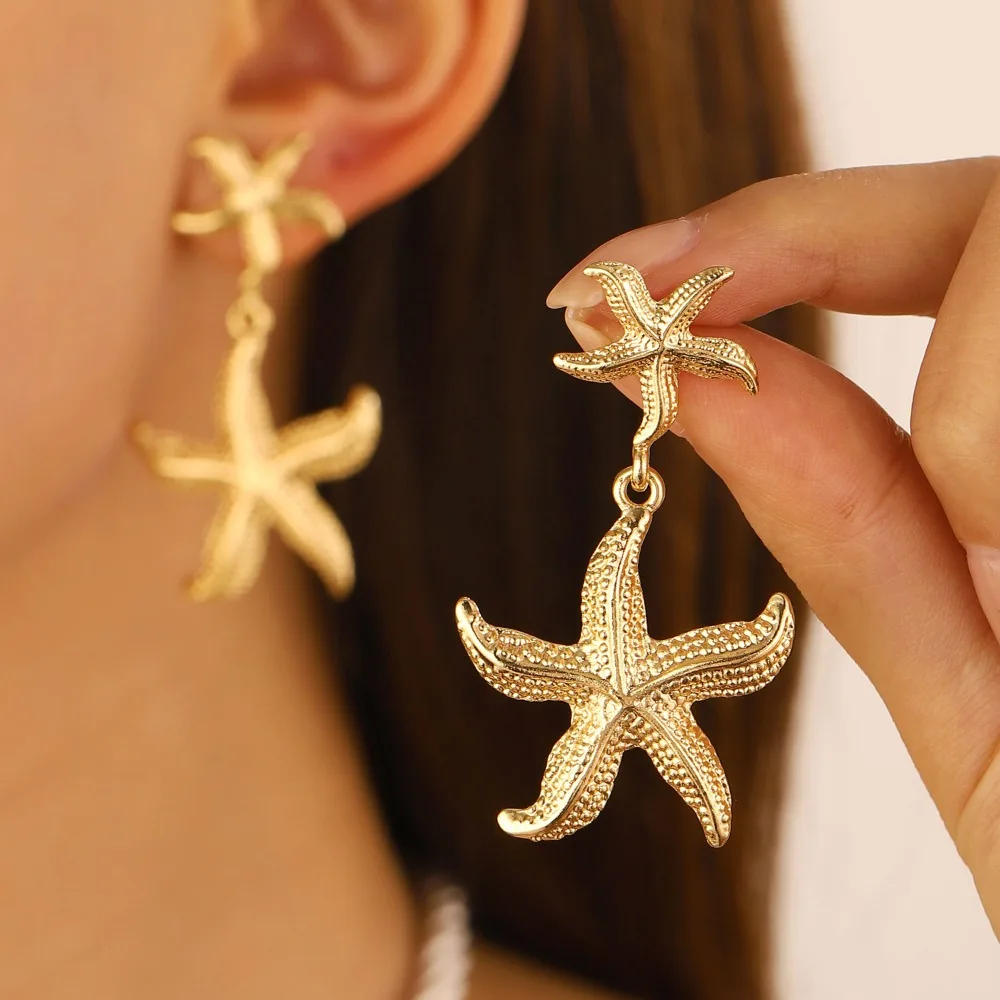 Starfish Dangle Earrings necklace for Women Textured Ocean Beach Summer Drop Earrings Metallic Seashell Gold Silver Jewelry Gift