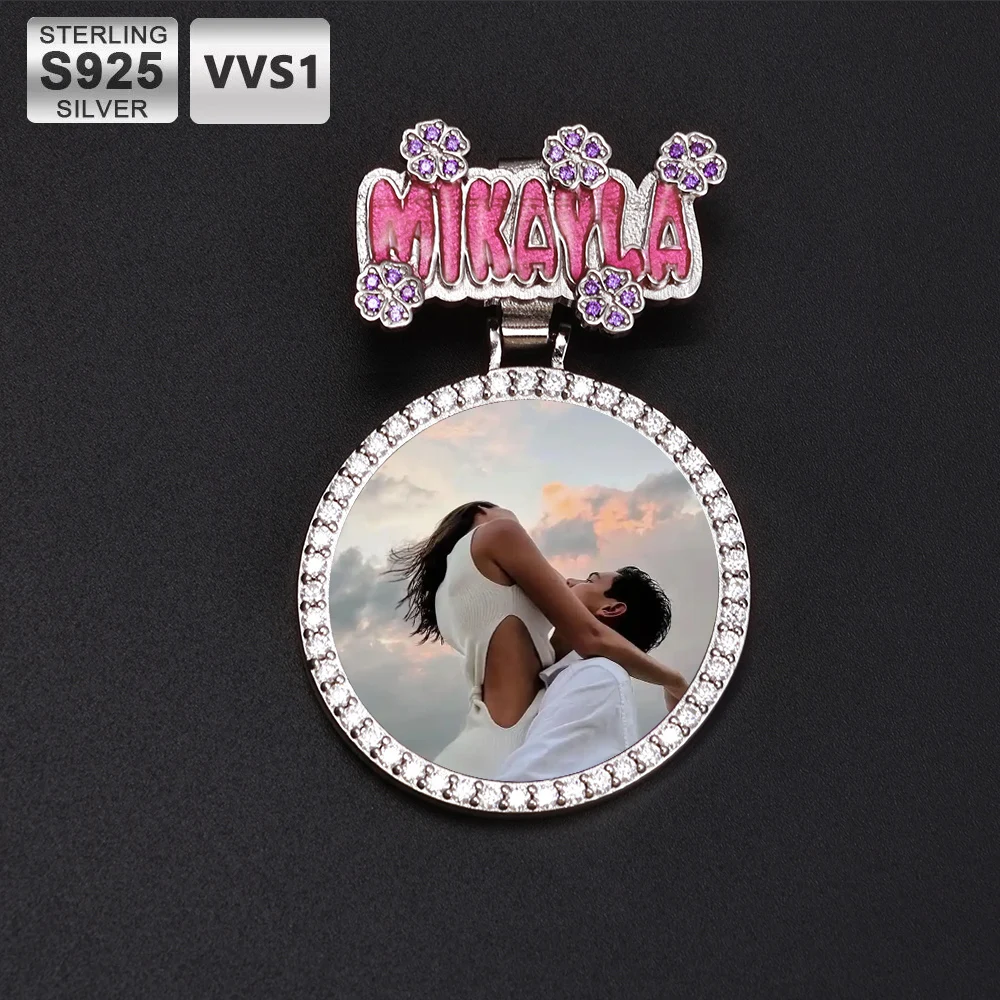

Custom 35mm Circle Moissanite Photo Pendant Chain 925Silver Iced Out VVS Memory Picture Necklace Hip Hop Jewelry