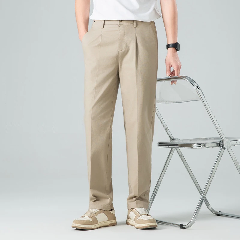 

KIDWHXR Man Trousers Loose Straight Pleated Pocket Male Suit Pant Korean Thin Breathable Mid Waist Business Casual Men Pant