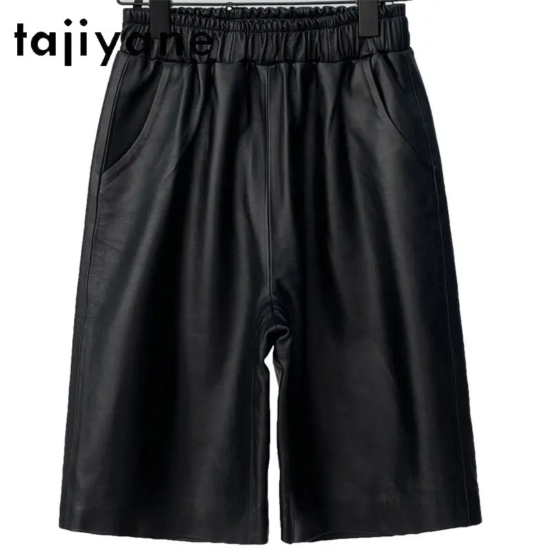 TAJIYANE Damen-Shorts aus Schafsleder, Echtleder-Shorts für Frauen, Weite Schwarze Shorts mit Elastischem Bund, Kurze Hose für Damen 2026 반바지