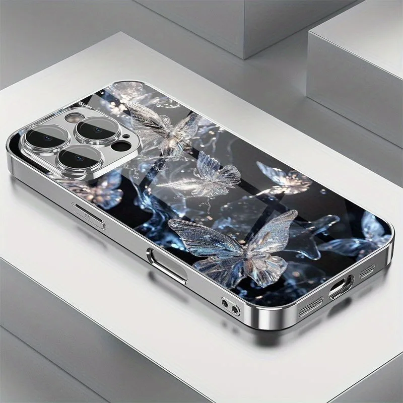 Crystal Butterfly Silver Tempered Glass Phone Case