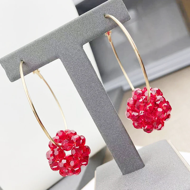 tiki Hiphop Hollow Carved Ball Aretes De Mujer Red Crystal Hoops Drop Iuxury Earrings Ceramic сережки женские 50MM