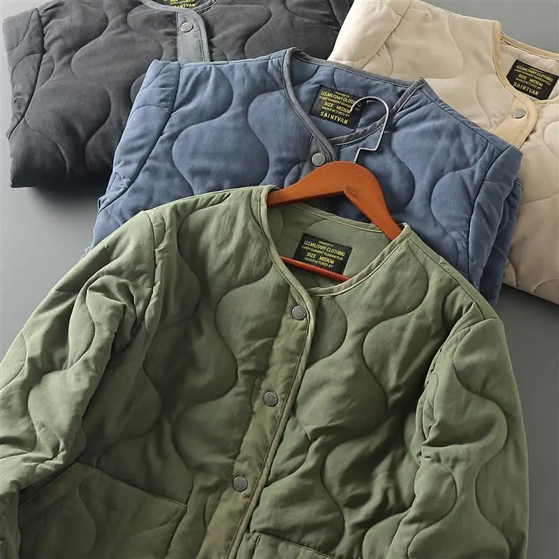 

Двусторонняя легкая стеганая куртка из персикового вельвета для мужчин, осенне-зимняя, винтажная, без воротника, модная верхняя одежда