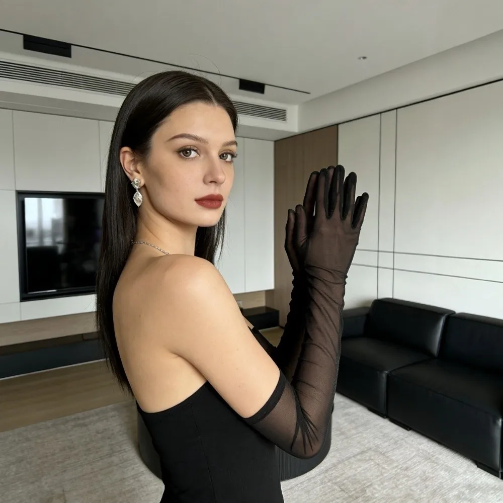 

Retro Black Sheer Tulle Gloves Long Elastic Mesh Gloves Ultra Thin Breathable Bride Gloves Halloween Party