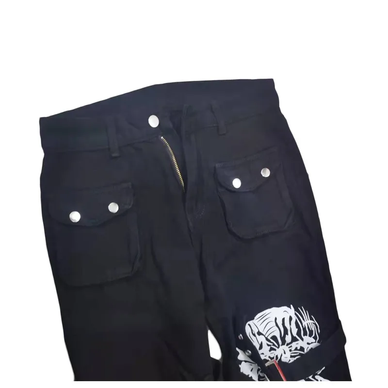High Street Zipper Lace Jeans Women's Spring 2023 New High Waist Black Straight Loose Multi-pocket Denim Overalls Streetwear
