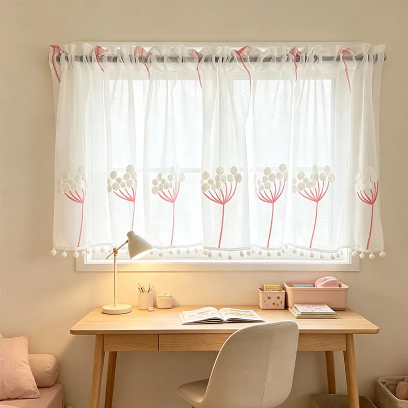 1pc Pastel Pink Dandelion Embroidered Half Sheer Curtain with White Pom Pom Fringe