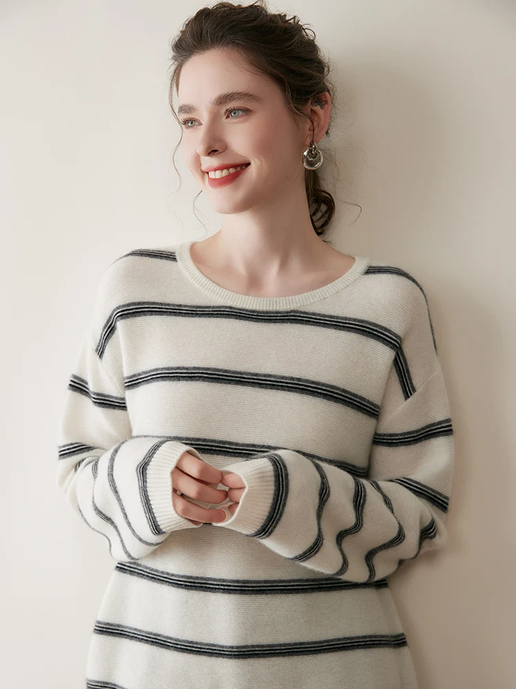Nowy damski sweter z kaszmiru TLOML z okrągłym dekoltem, 100% kaszmir, sweter w paski z długim rękawem, jesienno-zimowa kaszmirowa dzianina, codzienne topy