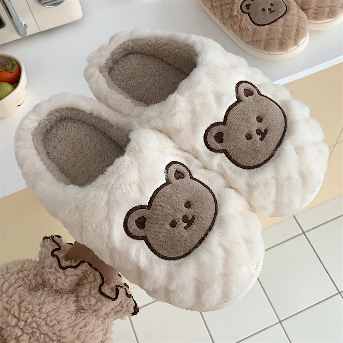 

Home Slippers Couple Cute Cotton Slippers For Women Winter Korean Ins Cartoon Bears Non Slip Soft Soled Plush Home Shoes For Men