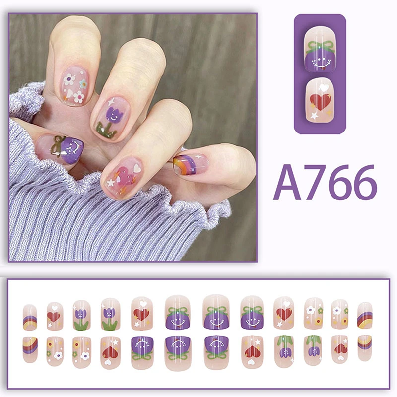 

24 шт., летние накладные ногти с фиолетовым цветком и короткой квадратной головкой, съемные готовые накладные ногти, накладные ногти с клеем