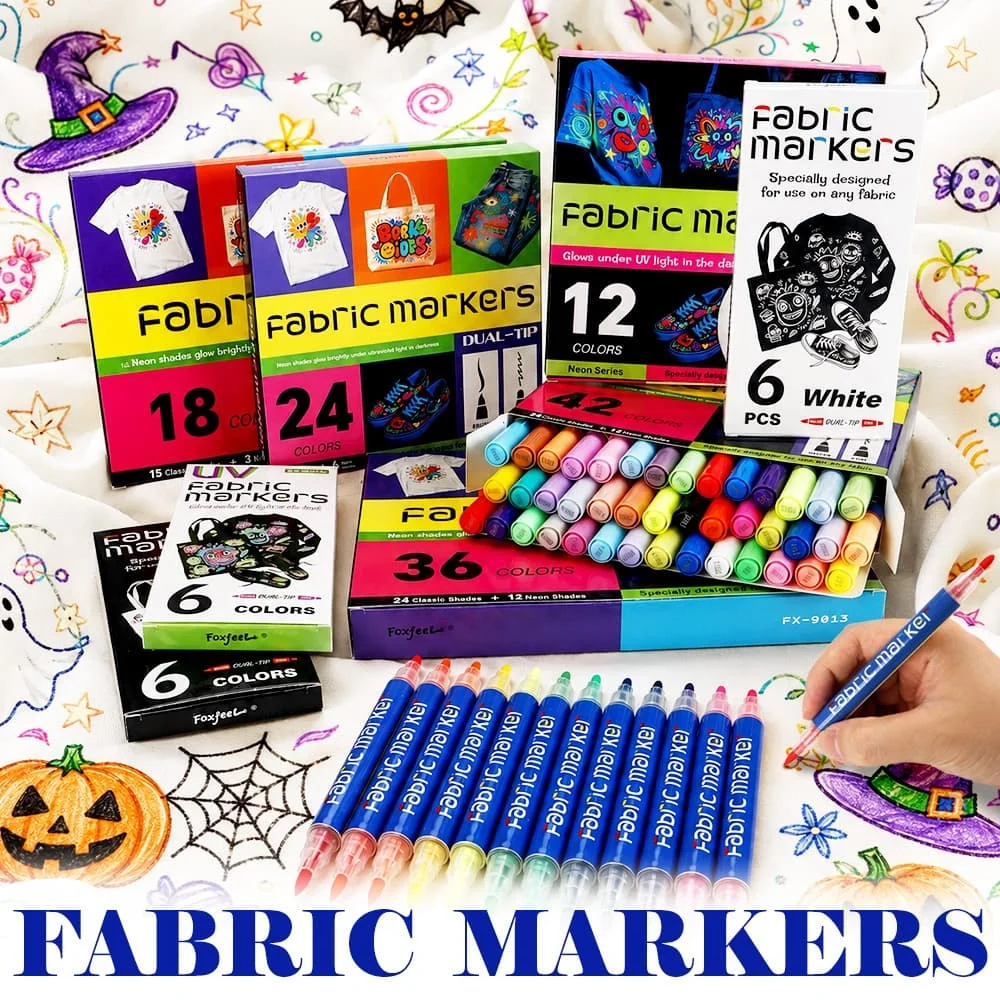 6/12/18/24/36/42 Colors Dual Tip Fabric Paint Markers, DIY Graffiti on Textile Fabrics, Decorate Clothes, Bags & Cloth Items, Ba