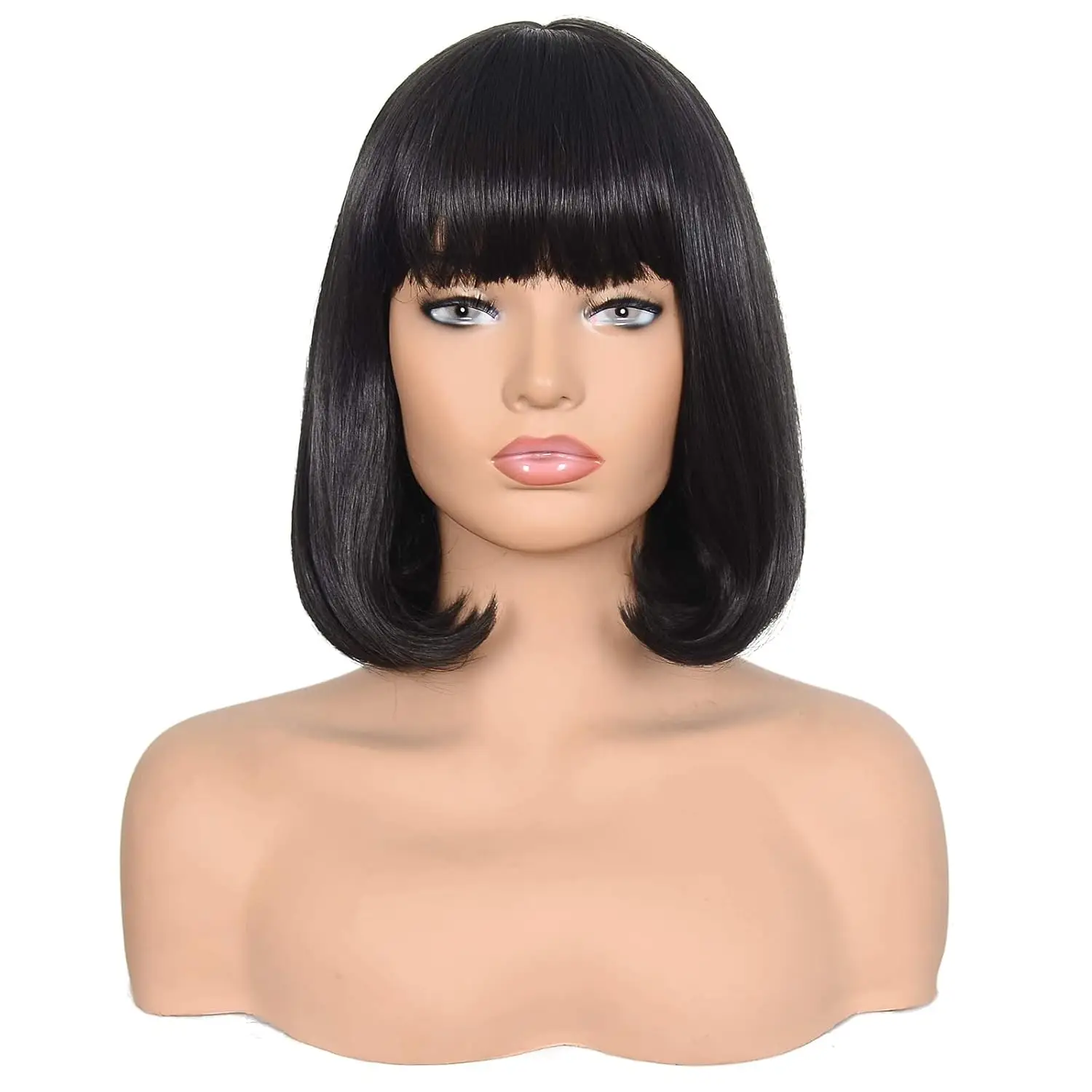 Peluca Bob negra sintética con flequillo, peluca corta negra para mujer, pelucas rectas Bob, peluca resistente al calor Mia Wallace Cleopatra Cospaly