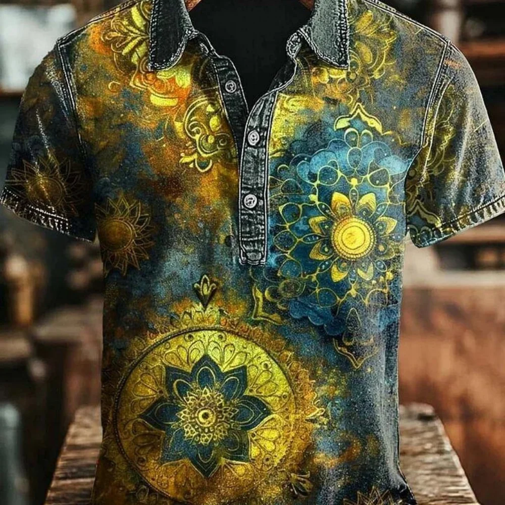Men's abstract art printed polo shirt summer short sleeved colorful geometric circle 3D printed Henry collar retro street style