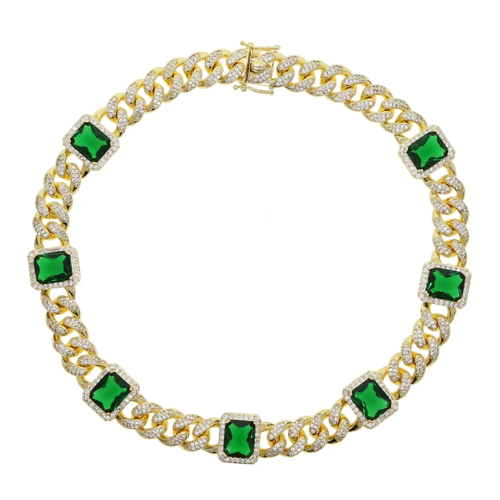 Red Blue Green Rectangle Stone Charm Necklace 12MM Iced Out Miami CZ Cuban Link Chain 16inch Hip Hop Women Chunky Choker Jewelry