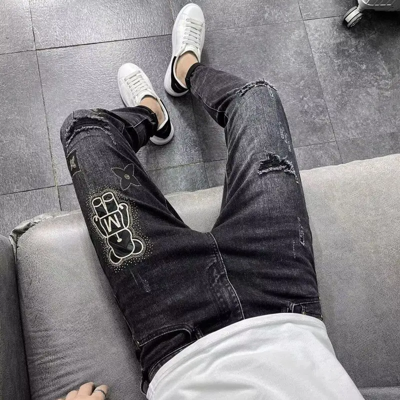 Spring and Autumn Luxury Rhinestone Korean Style Men's Classic Black Jeans with Distressed Holes Elastic Skinny Fit Pants Male