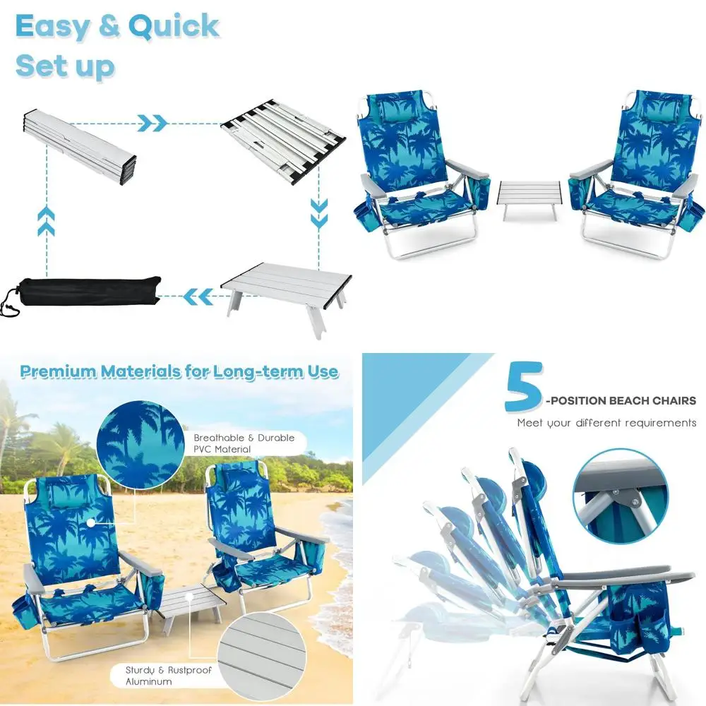 

Набор из 3 легких портативных пляжных кресел с подстаканником и сумкой для льда, раскладные для отдыха на природе, выдерживают до 300 фунтов, светло-голубые