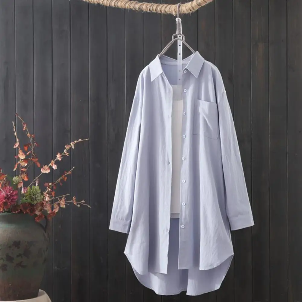 Camisa elegante con botones para mujer, cárdigan de longitud media con dobladillo Irregular, bolsillo de parche de un solo pecho, solapa elegante para otoño