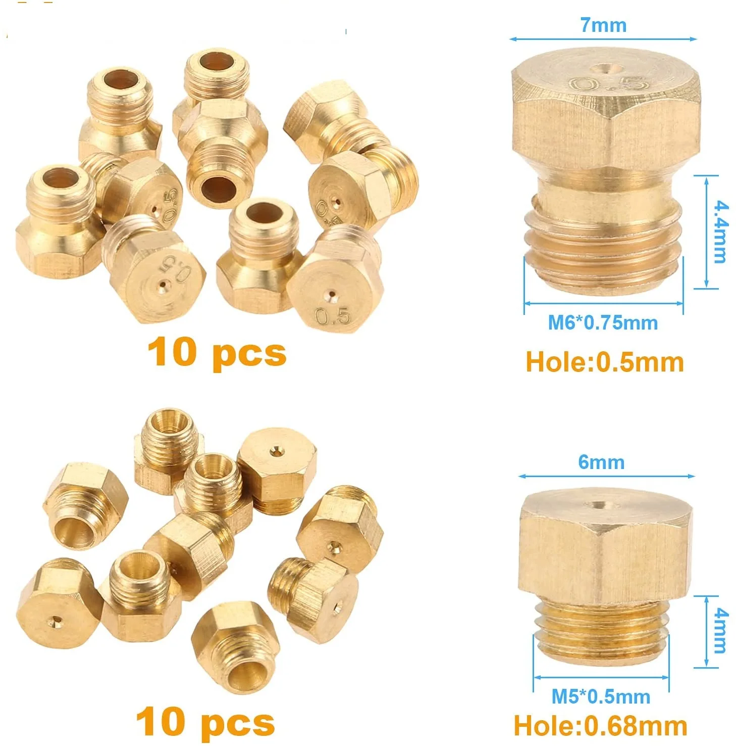 Propane Lpg Gas Pipe Water Heater DIY Burner Parts Brass Jet Nozzles (M6x0.75mm/0.5mm  x10 + M5x0.5mm/0.68mm x10) 20 pcs/set