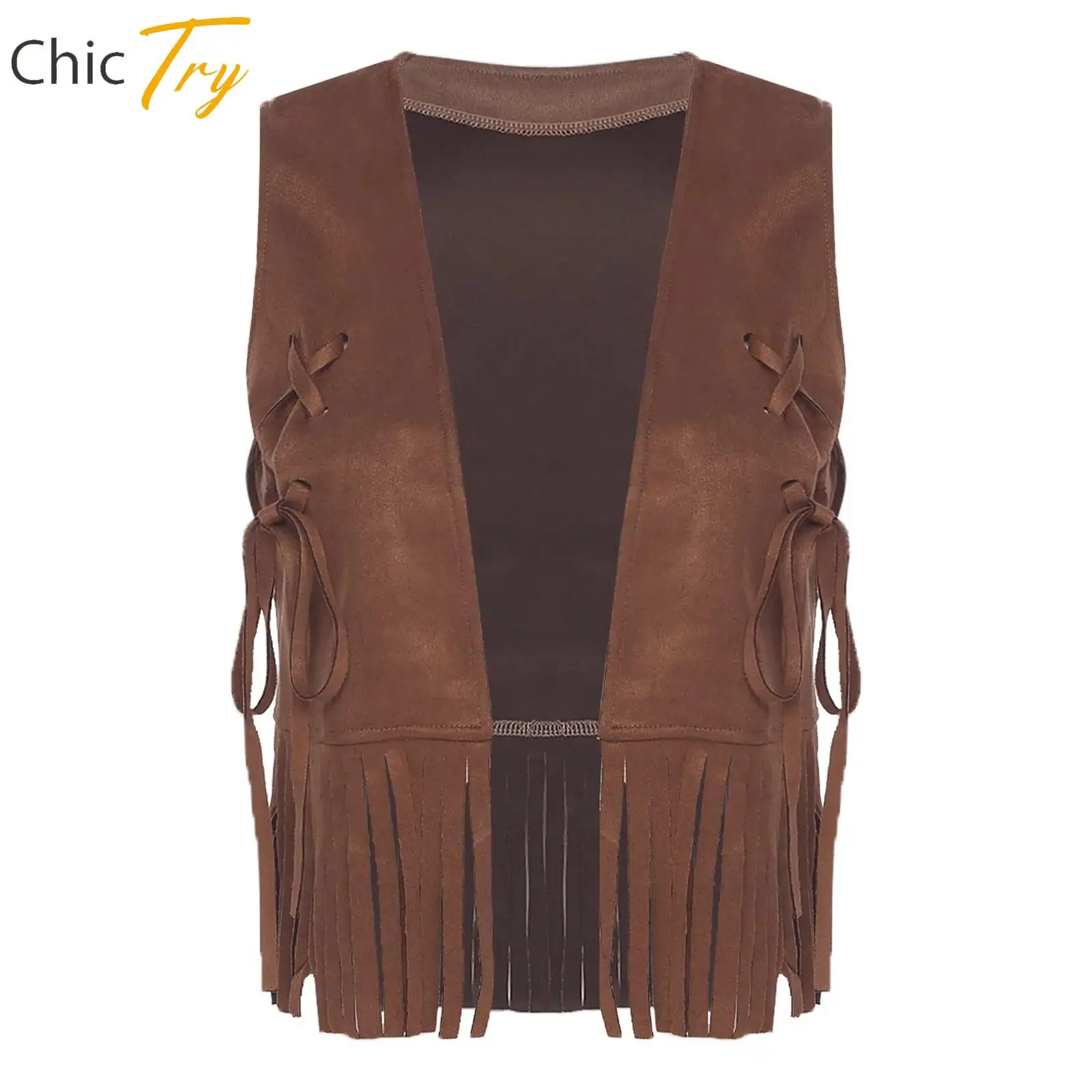 

Womens Western Cowgirl Cosplay Dress Up Cropped Tank Top Open Front Tying Decor Tassel Trim Cardigan 70s Hippie Disco Dance Vest