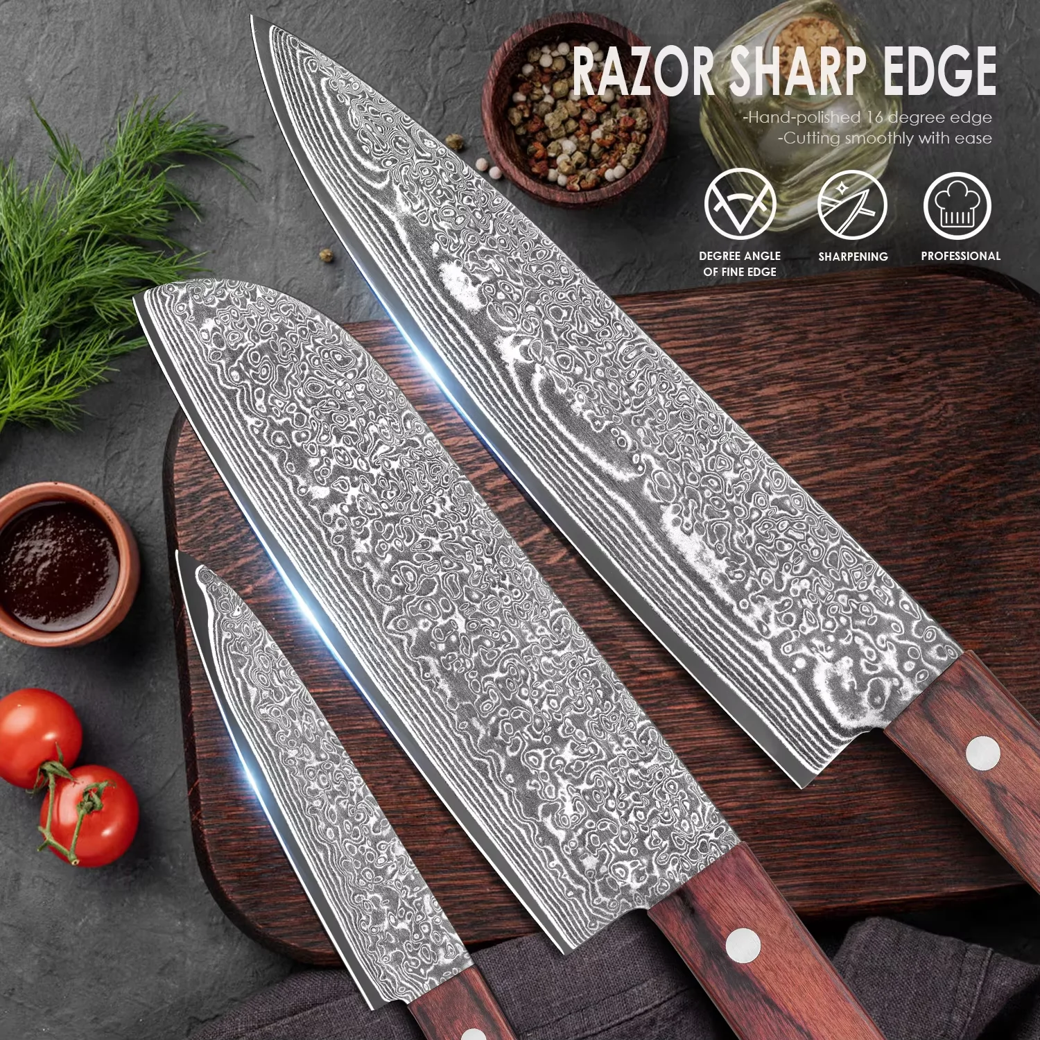 Zestaw noży kuchennych z damasku, 2/3 sztuki: nóż szefa kuchni, nóż Santoku, nóż uniwersalny, stal 10Cr15MoV, 66 warstw, stal nierdzewna SUS410, twardość 60+2HRC, ręcznie ostrzone, drewniana rękojeść,