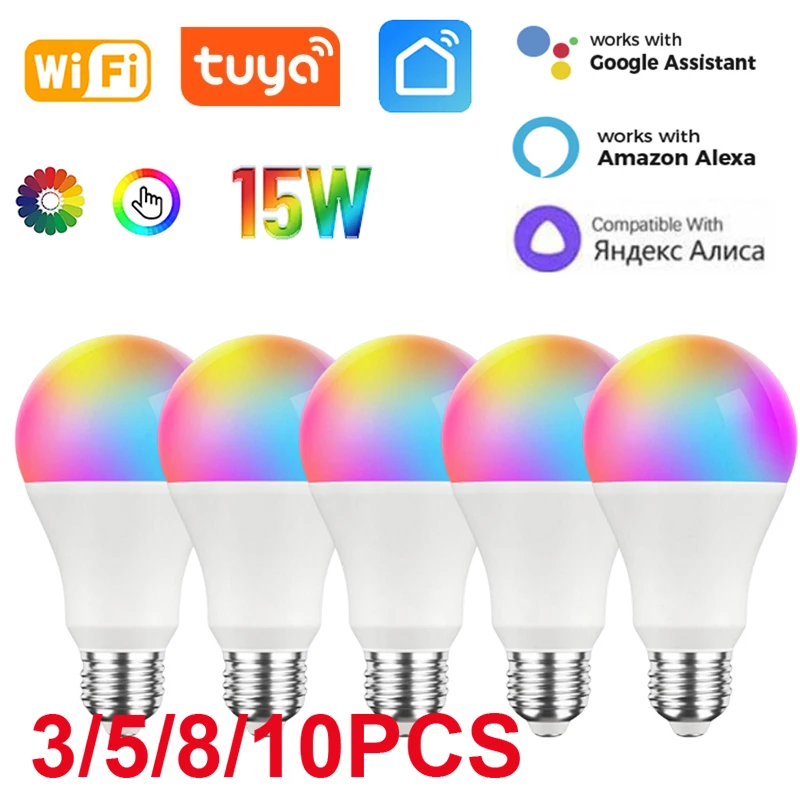 Tuya-インテリジェントLED電球,Wi-Fi,15W,ランプ用,調光可能電球,Alexa,Google Home,alice,音声制御,LED