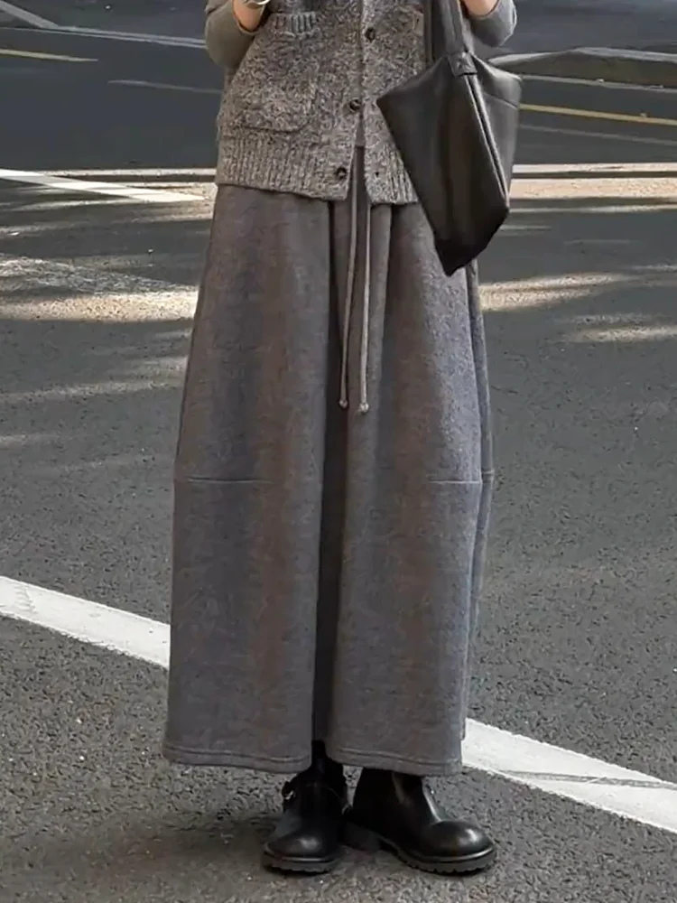 

Loose Design Korean Sle Woolen ey Belted Flower Bud Skirt Women's Winter Faionable Ele f-length Skirt