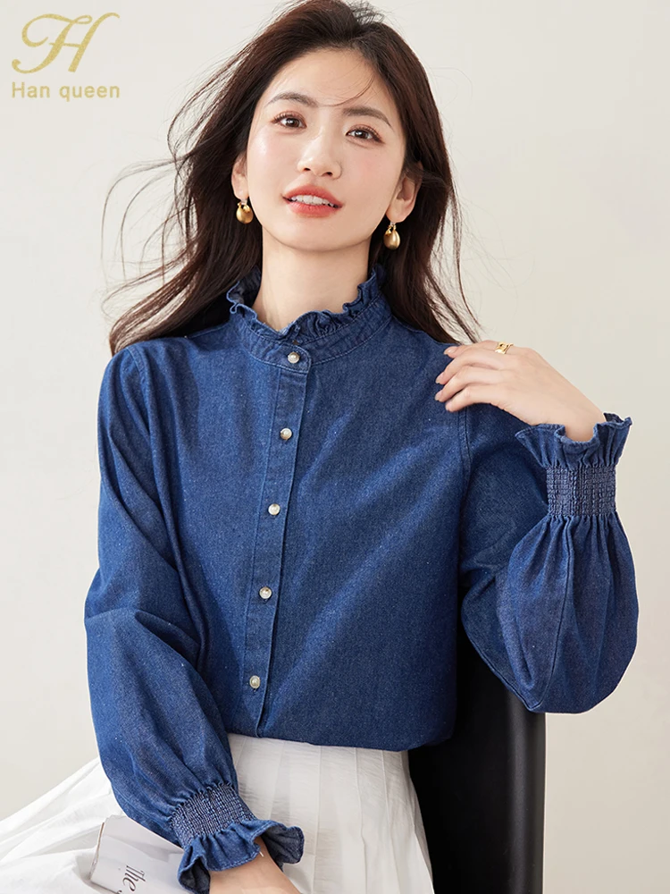 

H Han Queen Woman Clothes Autumn Long Sleeve Vintage Loose Denim Top Elegant Blouses For Women Single-Breasted Office Shirts New