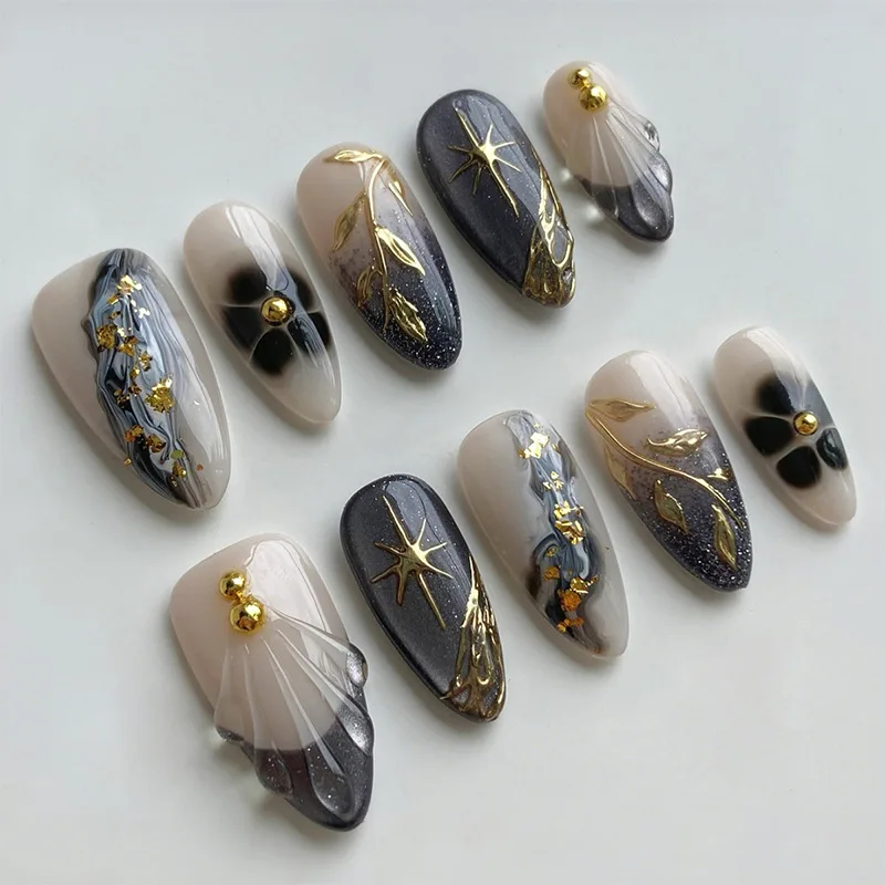

24PCS Dark Glitter Cat Eye False Nails 3D Ripples with Flower Patterns French Fake Nails Golden Star Almond Detachable Press On