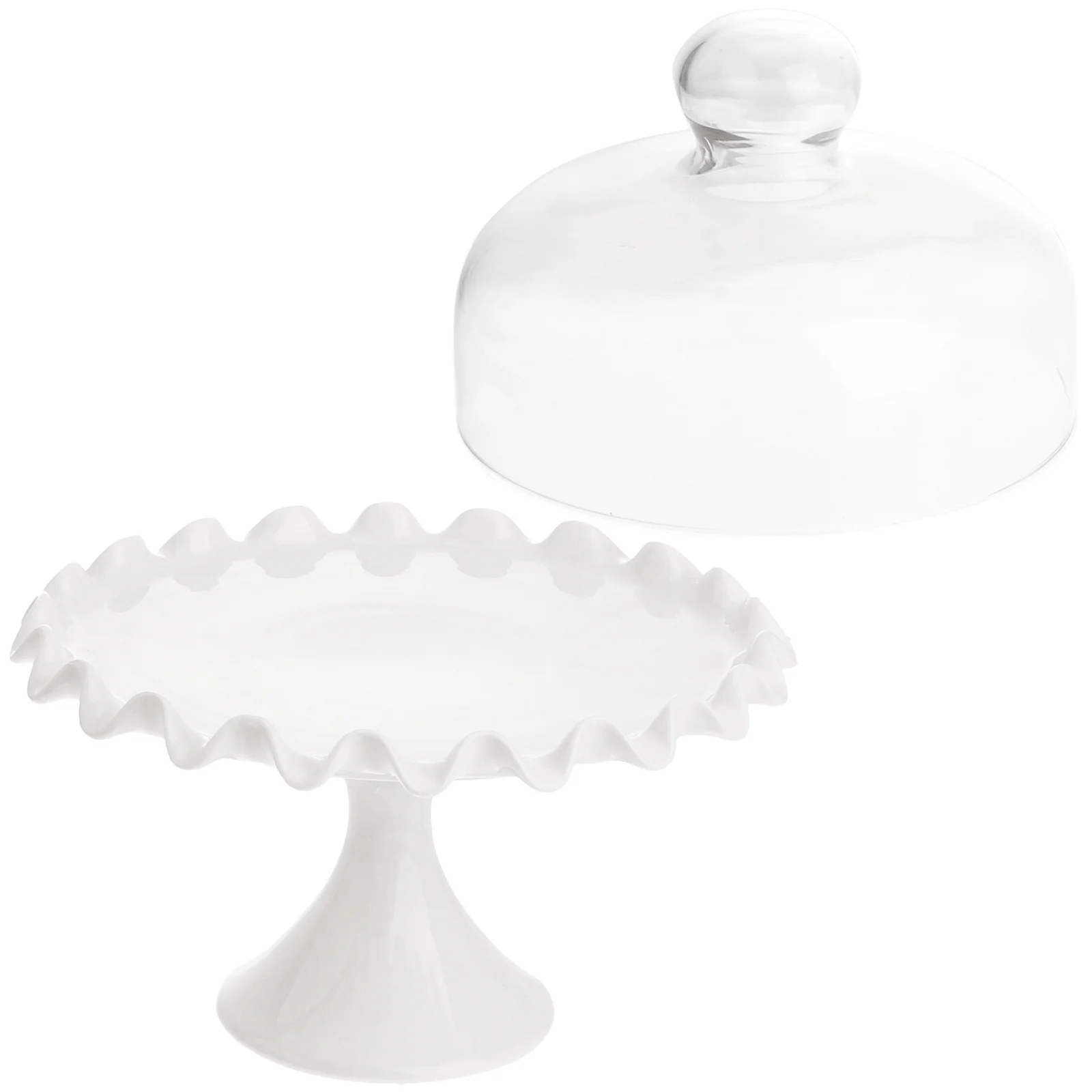 

1Set Dessert Lid with Tray Practical Freelead Glass Cover Ceramic Plate Set White Food Set Glass Lid Cake Plate